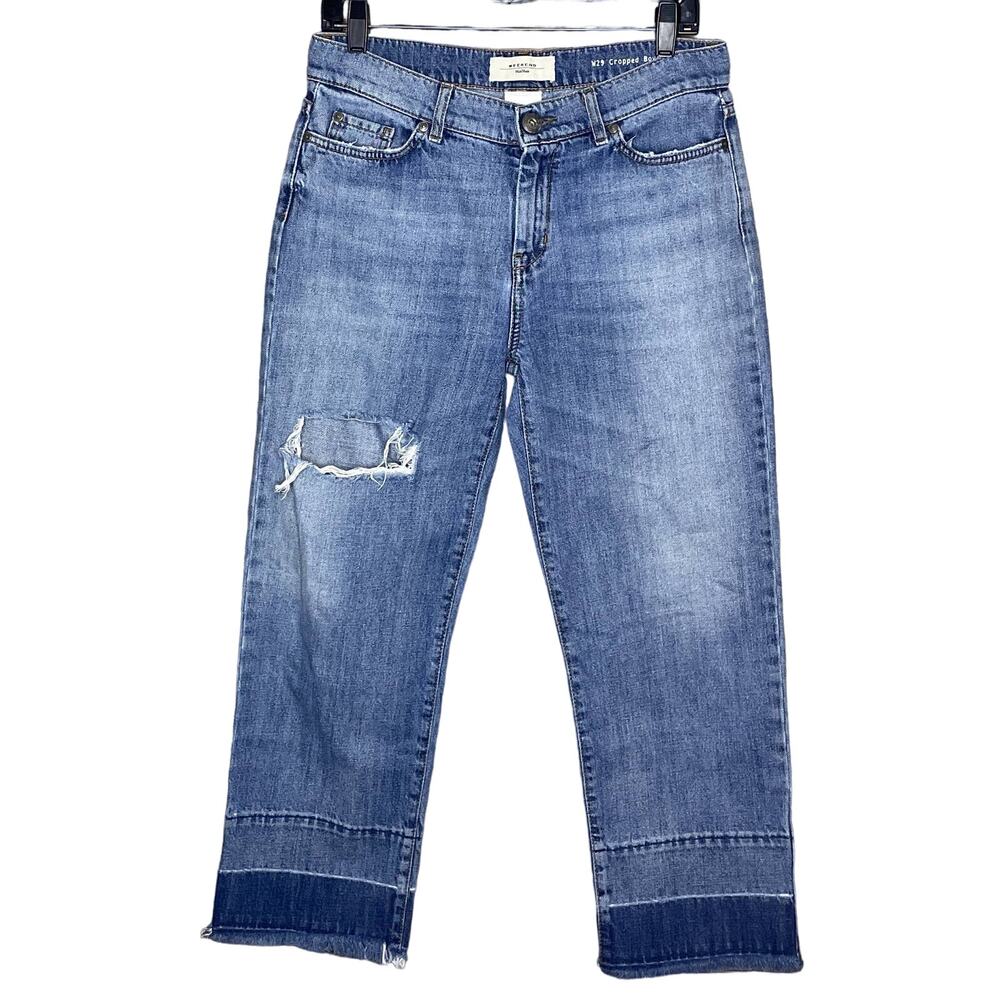 MaxMara Weekend Cropped Boyfriend Blue Jeans Distressed Raw Hem Size 29 8